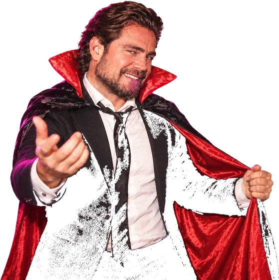 Homem de capa de Drácula apontando para você